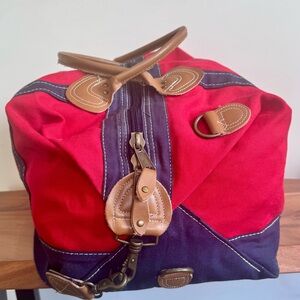 Red and Blue Canvas Bag with Tan Accents